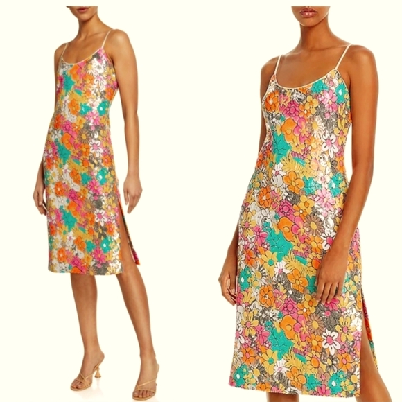 Milly Annie Floral Sequin Midi Sheath Dress -8 - Picture 1 of 14